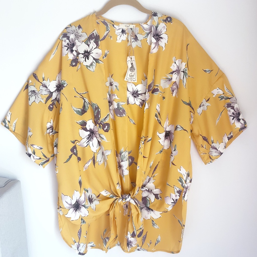 NEW Easel Floral Kimono Topper Gold Yellow Abstract Floral Print Women Sizes NWT - Picture 4 of 14